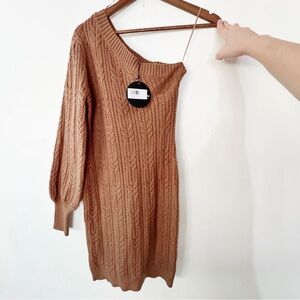 Mittoshop Brown Cable Knit one shoulder Sweater Dress small NWT
